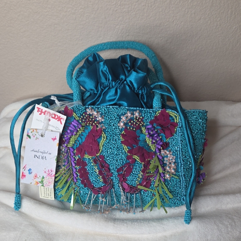 Embellished Teal and Purple Beaded Handbag